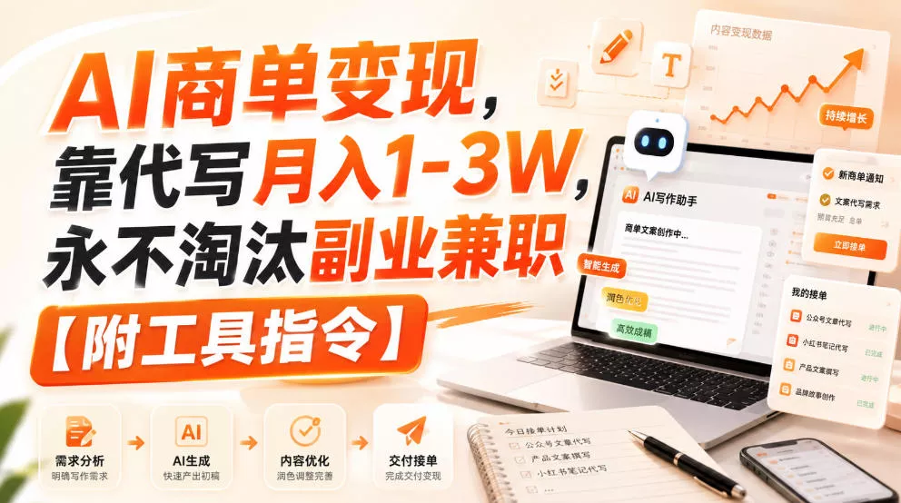 AI商单变现，靠代写月入1-3W，永不淘汰副业兼职【附工具指令】【揭秘】祝你网--专注互联网创业.信息差副业研究拒绝割韭菜祝你网