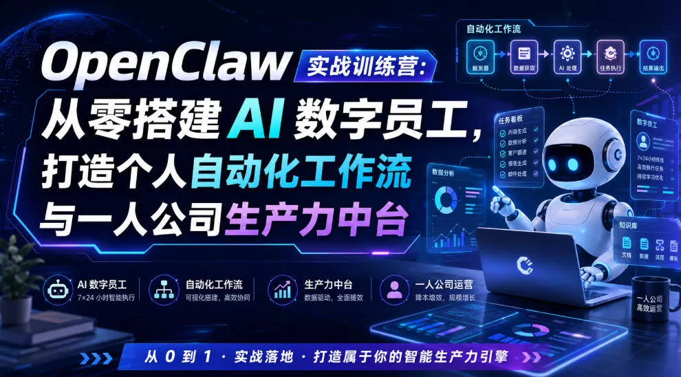 c53a461607843a5fba5bf0da9a9cdb9a.webp OpenClaw实战训练营:从零搭建AI数字员工,打造个人自动化工作流与一人公司生产力中台