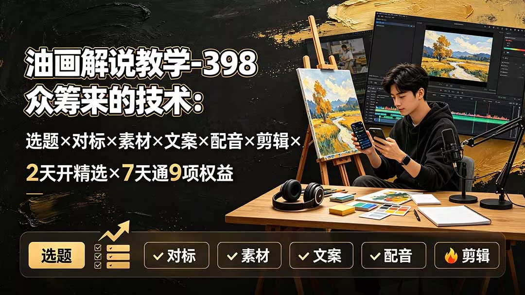 油画解说教学-398众筹来的技术：选题×对标×素材×文案×配音×剪辑×2天开精选×7天通9项权益祝你网--专注互联网创业.信息差副业研究拒绝割韭菜祝你网