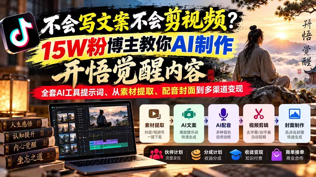 不会写文案不会剪视频？15W粉博主教你AI制作开悟觉醒内容，全套AI工具提示词、从素材提取、配音封面到多渠道变现祝你网--专注互联网创业.信息差副业研究拒绝割韭菜祝你网