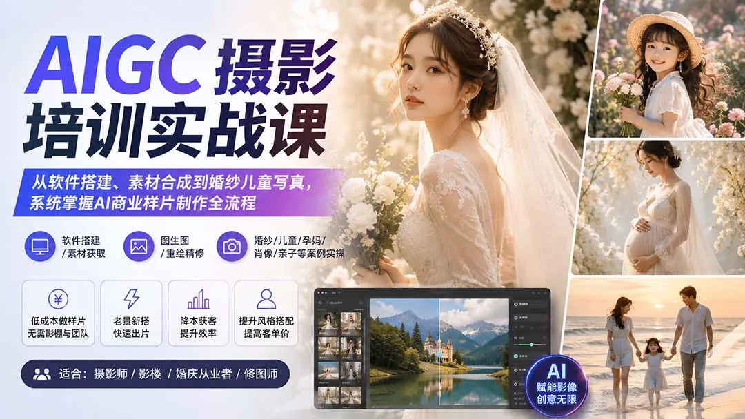 AIGC摄影培训实战课:从软件搭建、素材合成到婚纱儿童写真,系统掌握AI商业样片制作全流程祝你网--专注互联网创业.信息差副业研究拒绝割韭菜祝你网