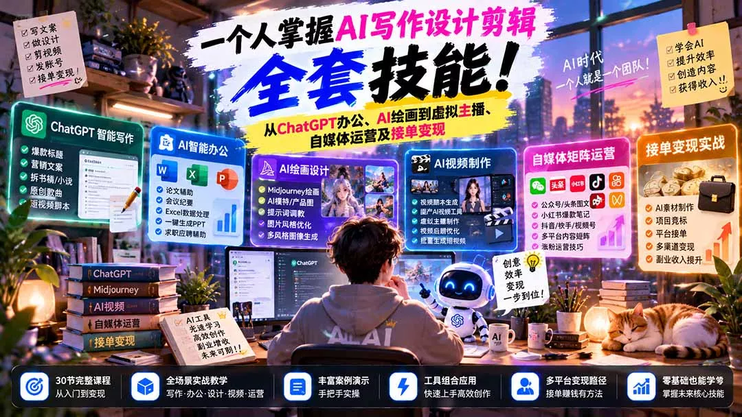 一个人掌握AI写作设计剪辑全套技能：从ChatGPT办公、AI绘画到虚拟主播、自媒体运营及接单变现祝你网--专注互联网创业.信息差副业研究拒绝割韭菜祝你网