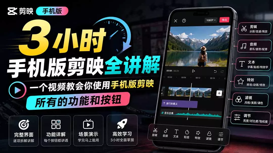 3小时手机版剪映全讲解，一个视频教会你使用手机版剪映，所有的功能和按钮祝你网--专注互联网创业.信息差副业研究拒绝割韭菜祝你网