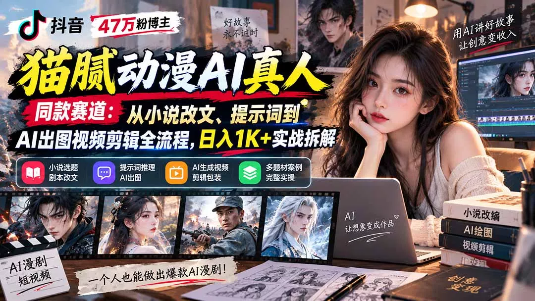 c6c853dcfef9c0b1aaebe25f654bfc24.webp 抖音47万粉博主猫腻动漫AI真人同款赛道:从小说改文、提示词到AI出图视频剪辑全流程,日入1K+实战拆解