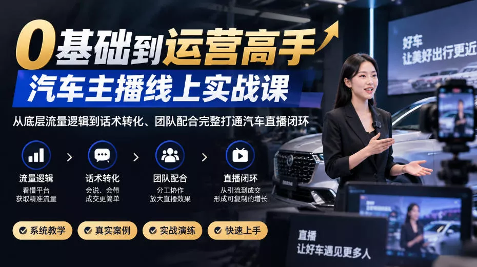 c8f17b6bb2ec1c8044ec3ad68d01b043.webp 0基础到运营高手,汽车主播线上实战课,从底层流量逻辑到话术转化、团队配合完整打通汽车直播闭环