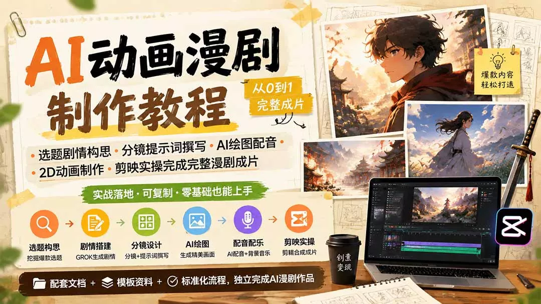 c95275fd5650c67863861e0babdc5e53.webp AI动画漫剧制作教程|选题剧情构思·分镜提示词撰写·AI绘图配音·2D动画制作·剪映实操完成完整漫剧成片