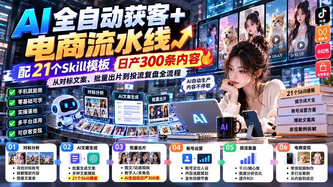 c968f36dcf599cc51dc687d1f8ac9cec.webp 【无水印】AI全自动获客+电商流水线:配21个Skill模板,日产300条内容,从对标文案、批量出片到投流复盘全流程