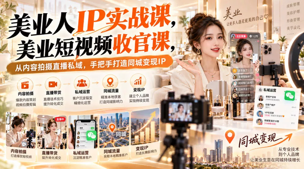 【无水印】美业人IP实战课，美业短视频收官课，从内容拍摄直播私域，手把手打造同城变现IP祝你网--专注互联网创业.信息差副业研究拒绝割韭菜祝你网