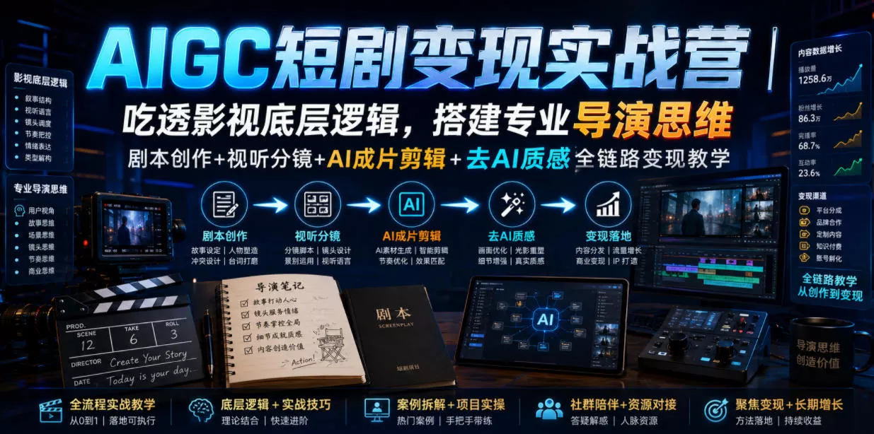 c9db9d4fee5dec19beef01cf8d8708d8.webp AIGC短剧变现实战营|吃透影视底层逻辑,搭建专业导演思维,剧本创作+视听分镜+AI成片剪辑+去AI质感全链路变现教学