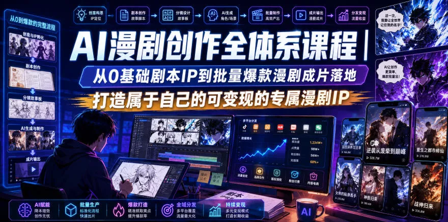 c9f31d4cdfe0ade6b46d5e2e5e896c8d.webp AI漫剧创作全体系课程|从0基础剧本IP到批量爆款漫剧成片落地,打造属于自己的可变现的专属漫剧IP