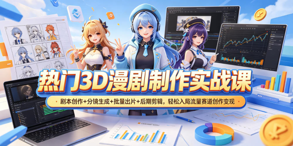 热门3D漫剧制作实战课，剧本创作+分镜生成+批量出片+后期剪辑，轻松入局流量赛道创作变现祝你网--专注互联网创业.信息差副业研究拒绝割韭菜祝你网