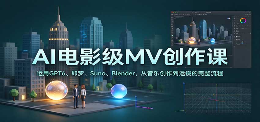 AI电影级MV创作课：运用GPT6、即梦、Suno、Blender，从音乐创作到运镜的完整流程祝你网--专注互联网创业.信息差副业研究拒绝割韭菜祝你网