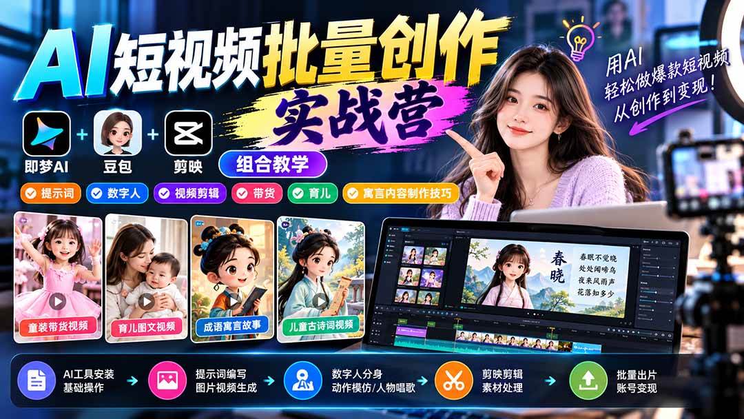 cbca7047641aa2346b6073889478a82a.jpeg (21039期)【无水印】AI短视频批量创作实战营:即梦+豆包+剪映组合教学,提示词/数字人/视频剪辑/带货/育儿/寓言内容制作技巧