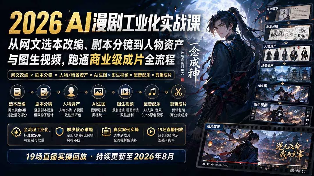 2026 AI漫剧工业化实战课-更新：从网文选本改编、剧本分镜到人物资产与图生视频，跑通商业级成片全流程祝你网--专注互联网创业.信息差副业研究拒绝割韭菜祝你网
