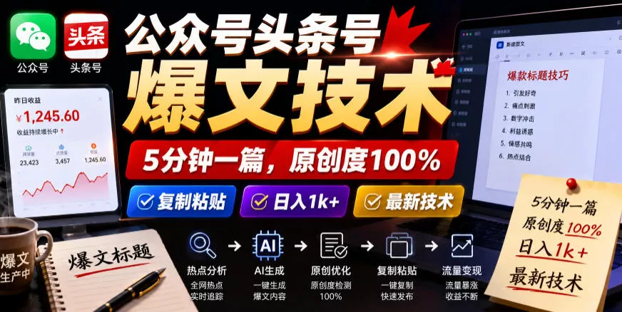 公众号头条号爆文技术,5分钟一篇,原创度100%,复制粘贴,日入1k+,最新技术【揭秘】祝你网--专注互联网创业.信息差副业研究拒绝割韭菜祝你网