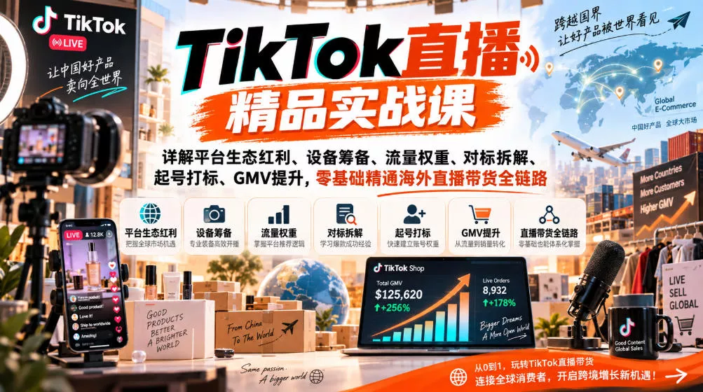 TikTok直播精品实战课，详解平台生态红利、设备筹备、流量权重、对标拆解、起号打标、GMV提升，零基础精通海外直播带货全链路祝你网--专注互联网创业.信息差副业研究拒绝割韭菜祝你网