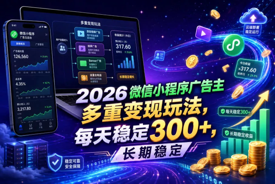 2026微信小程序广告主,多重变现玩法,每天稳定300+,长期稳定【揭秘】祝你网--专注互联网创业.信息差副业研究拒绝割韭菜祝你网