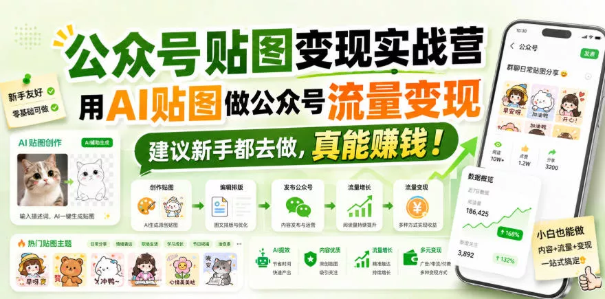 cdd7803579a054996546cf6cd2033c87.webp 公众号贴图变现实战营,用AI贴图做公众号流量变现,建议新手都去做,真能賺钱!