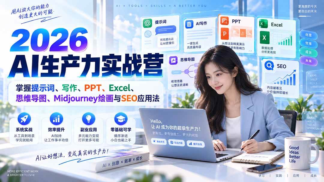 (20307期)2026AI生产力实战营:掌握提示词、写作、PPT、Excel、思维导图、Midjourney绘画与SEO应用法祝你网--专注互联网创业.信息差副业研究拒绝割韭菜祝你网