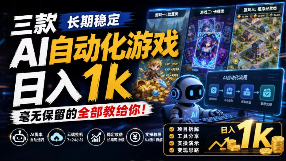 三款长期稳定AI自动化游戏，日入1k，毫无保留的全部教给你！【揭秘】祝你网--专注互联网创业.信息差副业研究拒绝割韭菜祝你网