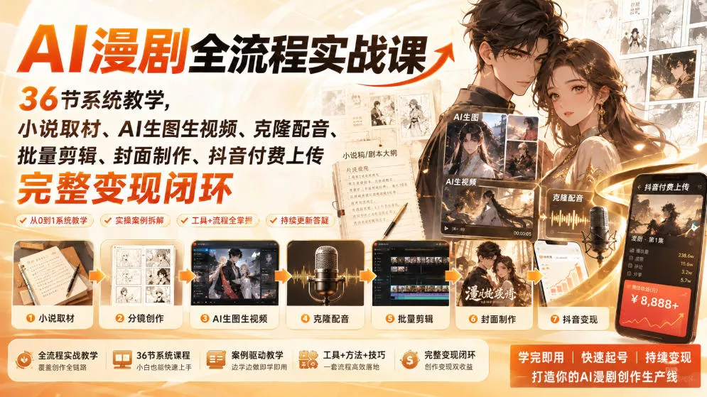 AI漫剧全流程实战课|36节系统教学,小说取材、AI生图生视频、克隆配音、批量剪辑、封面制作、抖音付费上传完整变现闭环祝你网--专注互联网创业.信息差副业研究拒绝割韭菜祝你网