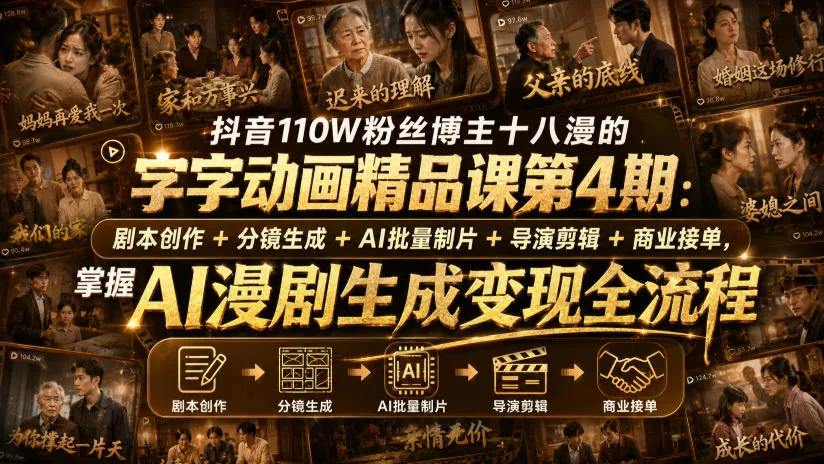ce914d47c2a2e6084e1180ce17afbb2b.webp 抖音110W粉丝博主十八漫的字字动画精品课第4期:剧本创作+分镜生成+剪辑+商业接单,掌握AI漫剧生成变现全流程