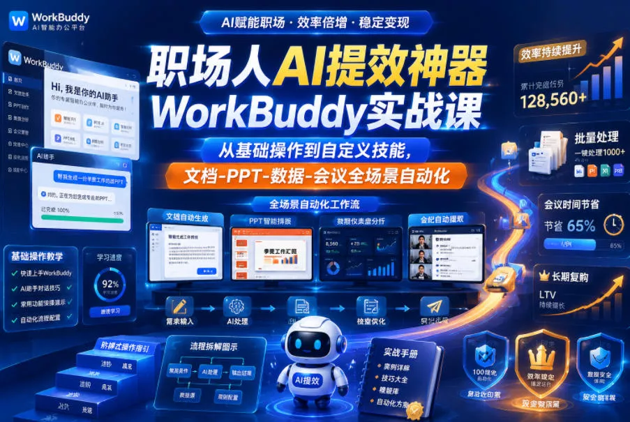 职场人AI提效神器WorkBuddy实战课,从基础操作到自定义技能,文档-PPT-数据-会议全场景自动化祝你网--专注互联网创业.信息差副业研究拒绝割韭菜祝你网