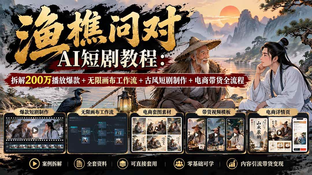 ceb87caaeae5b05d7dd1f7273f6d36ec.jpeg (20772期)【无水印】渔樵问对AI短剧教程:拆解200万播放爆款+无限画布工作流+古风短剧制作+电商带货全流程