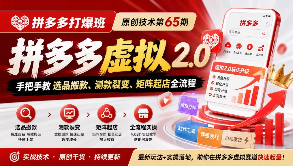 《拼多多打爆班》原创技术第65期,拼多多虚拟2.0,手把手教选品搬款、测款裂变、矩阵起店全流程祝你网--专注互联网创业.信息差副业研究拒绝割韭菜祝你网