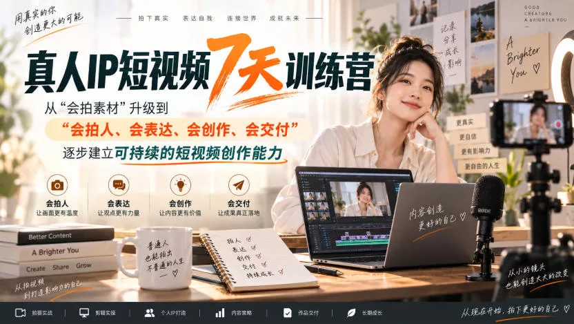 cf3cb3e6ebe736586f077ce6d34a9f40.webp 真人IP短视频7天训练营,从“会拍素材”升级到“会拍人、会表达、会创作、会交付”,逐步建立可持续的短视频创作能力