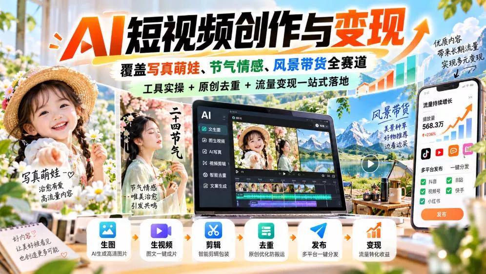 cfceb05e8a0c372f3d09c042e137bfec.webp AI短视频创作与变现,覆盖写真萌娃、节气情感、风景带货全赛道,工具实操+原创去重+流量变现一站式落地