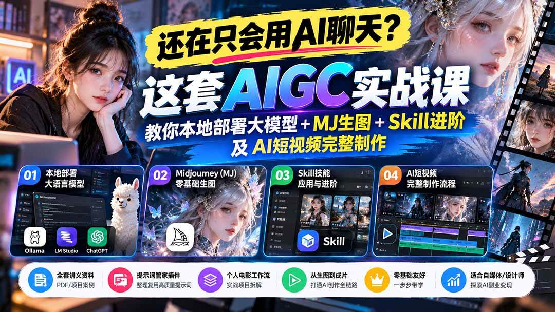（21135期）【无水印】还在只会用AI聊天？这套AIGC实战课教你本地部署大模型+MJ生图+Skill进阶及AI短视频完整制作祝你网--专注互联网创业.信息差副业研究拒绝割韭菜祝你网