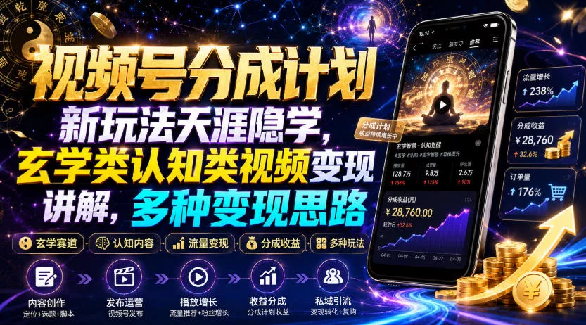 视频号分成计划新玩法天涯隐学，玄学类认知类视频变现讲解，多种变现思路祝你网--专注互联网创业.信息差副业研究拒绝割韭菜祝你网