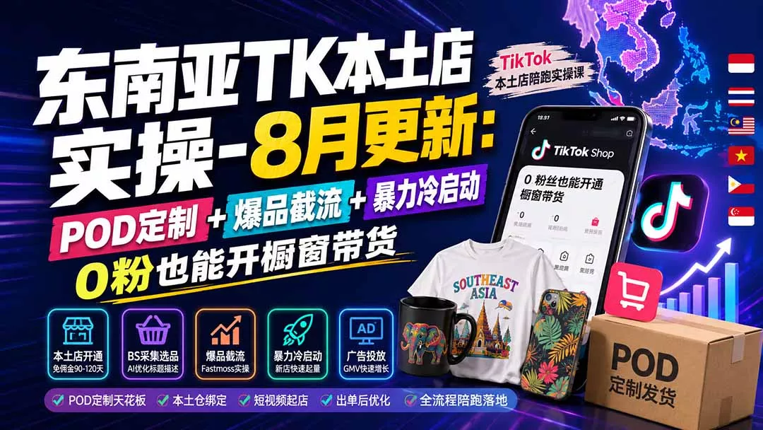 东南亚TK本土店实操-8月更新:POD定制+爆品截流+暴力冷启动,0粉也能开橱窗带货祝你网--专注互联网创业.信息差副业研究拒绝割韭菜祝你网