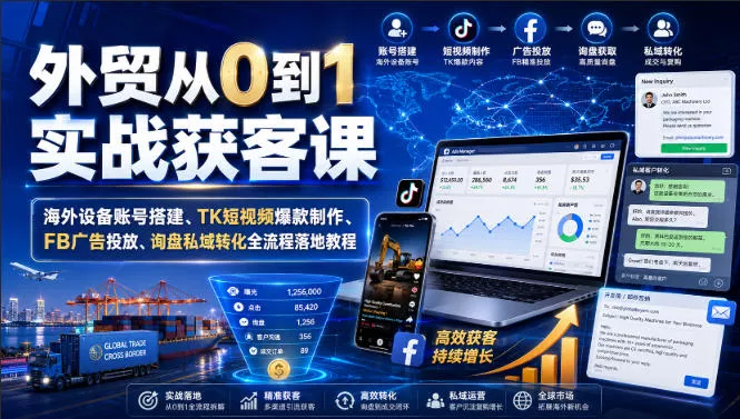 外贸从0到1实战获客课｜海外设备账号搭建、TK短视频爆款制作、FB广告投放、询盘私域转化全流程落地教程祝你网--专注互联网创业.信息差副业研究拒绝割韭菜祝你网