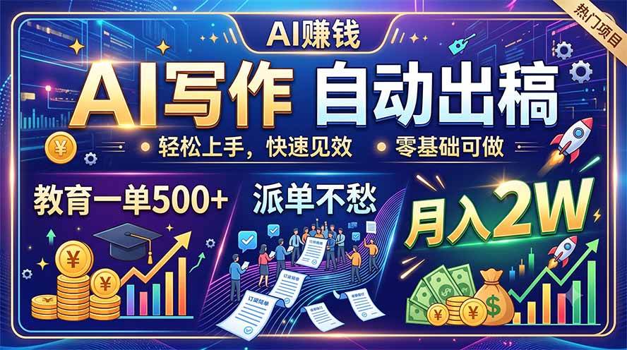 (19614期)AI写作自动出稿,教育一单500+,派单不愁,月入2W祝你网--专注互联网创业.信息差副业研究拒绝割韭菜祝你网