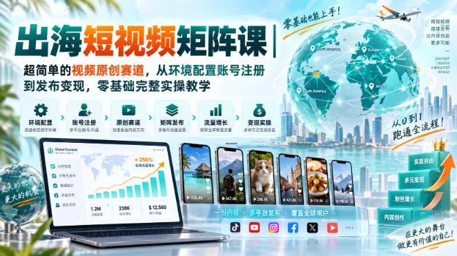 出海短视频矩阵课｜超简单的视频原创赛道，从环境配置账号注册到发布变现，零基础完整实操教学祝你网--专注互联网创业.信息差副业研究拒绝割韭菜祝你网