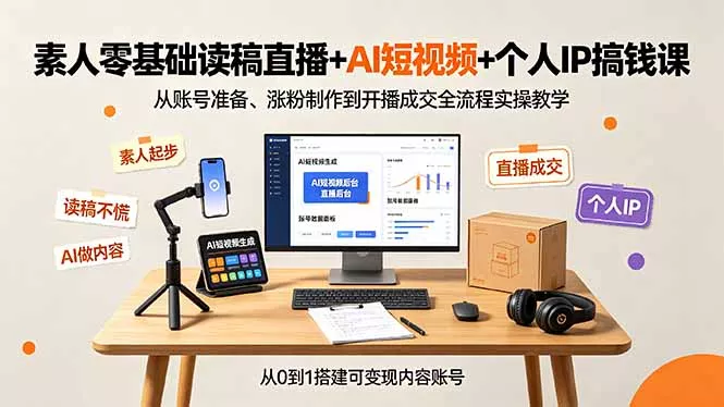 素人零基础读稿直播+AI短视频+个人IP搞钱课，从账号准备、涨粉制作到开播成交全流程实操教学祝你网--专注互联网创业.信息差副业研究拒绝割韭菜祝你网