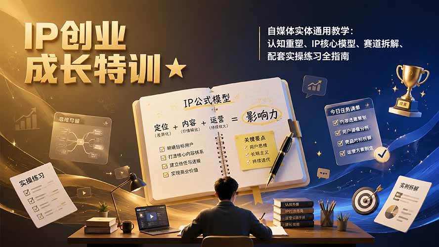 （19567期）IP创业成长特训★自媒体实体通用教学：认知重塑、IP核心模型、赛道拆解、配套实操练习全指南祝你网--专注互联网创业.信息差副业研究拒绝割韭菜祝你网