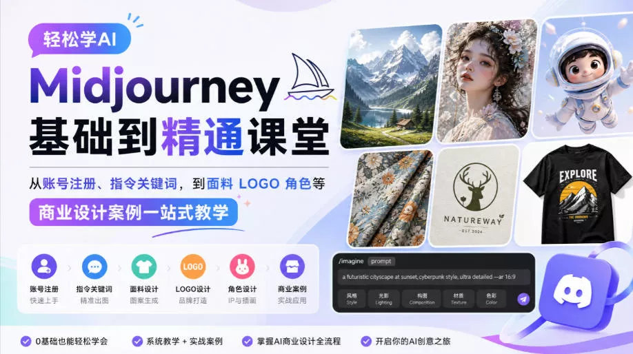 d35c5c74951835da310a05b8ec78369a.webp 轻松学AI Midjourney基础到精通课堂,从账号注册、指令关键词,到面料LOGO角色等商业设计案例一站式教学