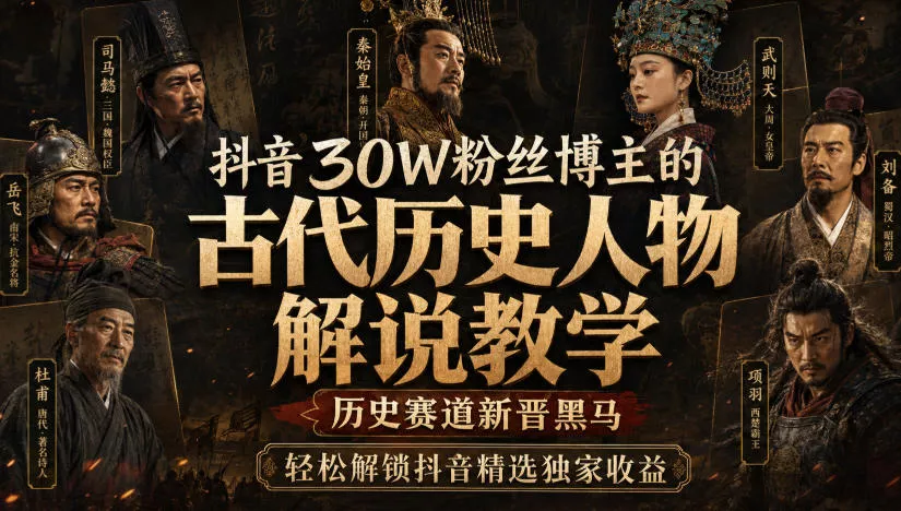 抖音30W粉丝博主的古代历史人物解说教学，历史赛道新晋黑马，轻松解锁抖音精选独家收益祝你网--专注互联网创业.信息差副业研究拒绝割韭菜祝你网