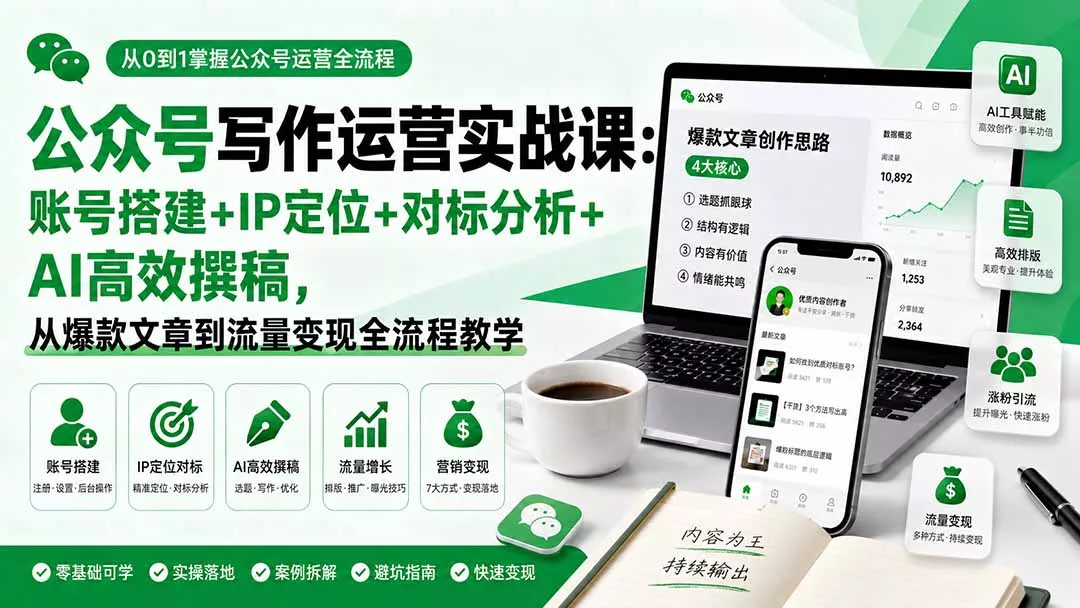 d3f47e48d82a187fee4295fa6f4b0744.webp 公众号写作运营实战课:账号搭建+IP定位+对标分析+AI高效撰稿,从爆款文章到流量变现全流程教学
