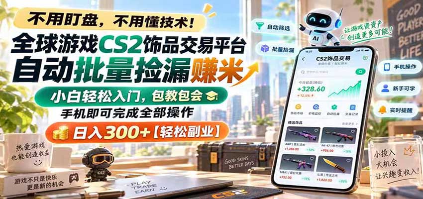 全球游戏CS2饰品交易平台自动批量捡漏赚米,手机即可完成全部操作,日入300+祝你网--专注互联网创业.信息差副业研究拒绝割韭菜祝你网