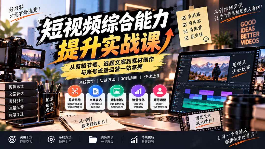 d43439666e413859edaf9b7c3ee006fe.jpeg (20599期)短视频综合能力提升实战课:从剪辑节奏、选题文案到素材创作与账号流量运营一站掌握