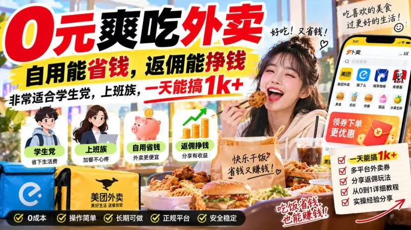 d486ccb221638ebcb53044ab614772d2.webp 0元爽吃外卖,自用能省钱,返佣能挣钱,非常适合学生党,上班族,一天能搞1k+