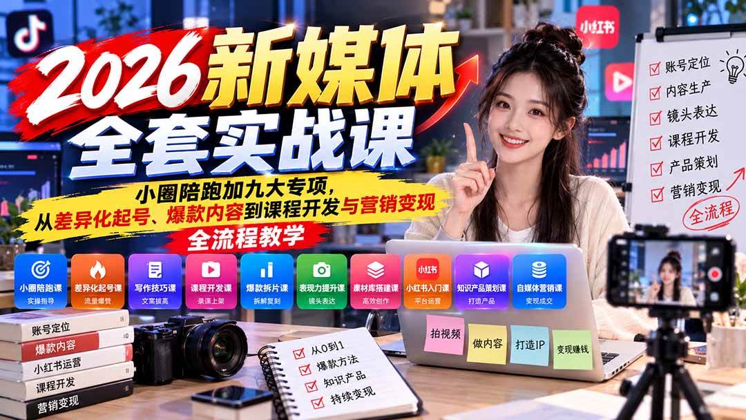 d4d56a4185c609238b2d58b98f406db0.jpeg (21111期)2026新媒体全套实战课:小圈陪跑+九大专项,从差异化起号、爆款内容到课程开发与营销变现全流程教学