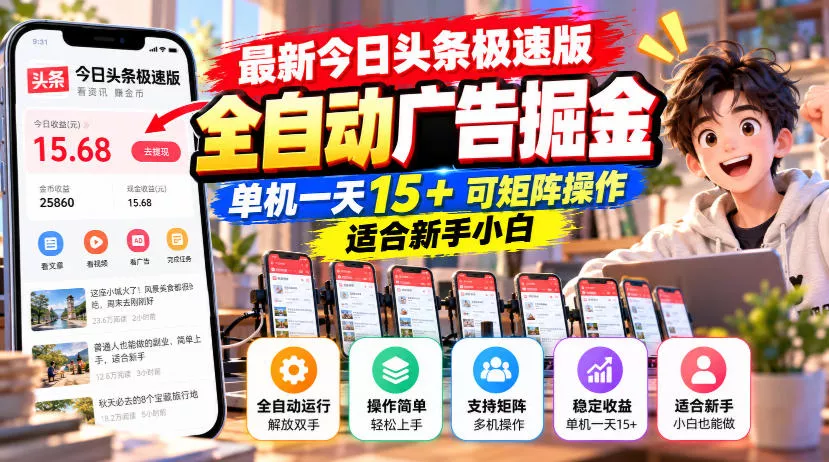 d5213b01a4ac438870fef31477617de0.webp 最新今日头条极速版全自动广告掘金,单机一天15+可矩阵操作适合新手小白