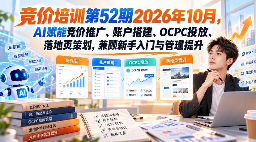 【无水印】竞价培训第52期2026年10月,AI赋能竞价推广、账户搭建、OCPC投放、落地页策划,兼顾新手入门与管理提升祝你网--专注互联网创业.信息差副业研究拒绝割韭菜祝你网
