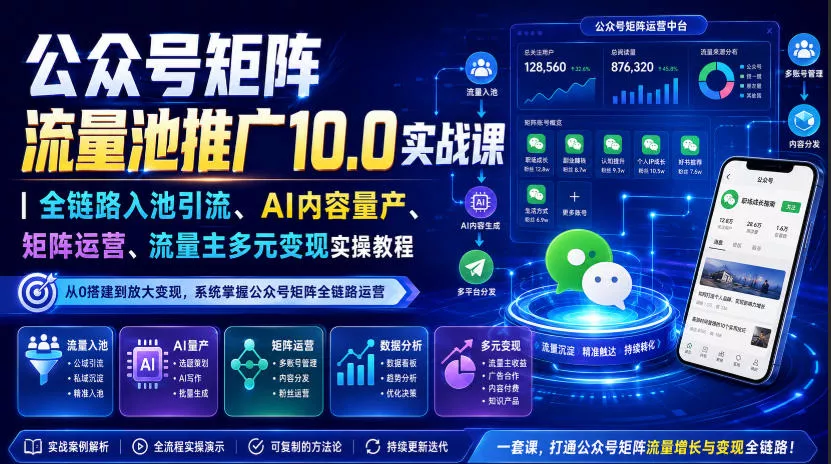 公众号矩阵流量池推广10.0实战课|全链路入池引流、AI内容量产、矩阵运营、流量主多元变现实操教程祝你网--专注互联网创业.信息差副业研究拒绝割韭菜祝你网