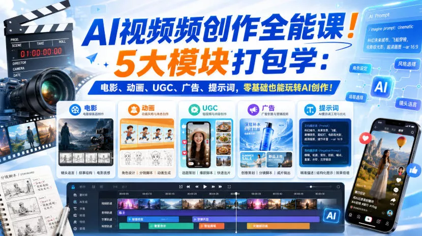 d8c7c719182864627425e1204e8e9204.webp AI视频频创作全能课!5大模块打包学:电影、动画、UGC、广告、提示词,零基础也能玩转AI创作!【原创双语字幕】